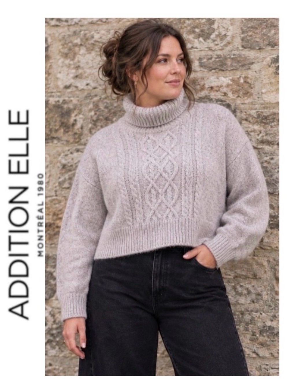 4X Addition Elle Cropped Soft Knit Turtleneck with Cableknit Detail